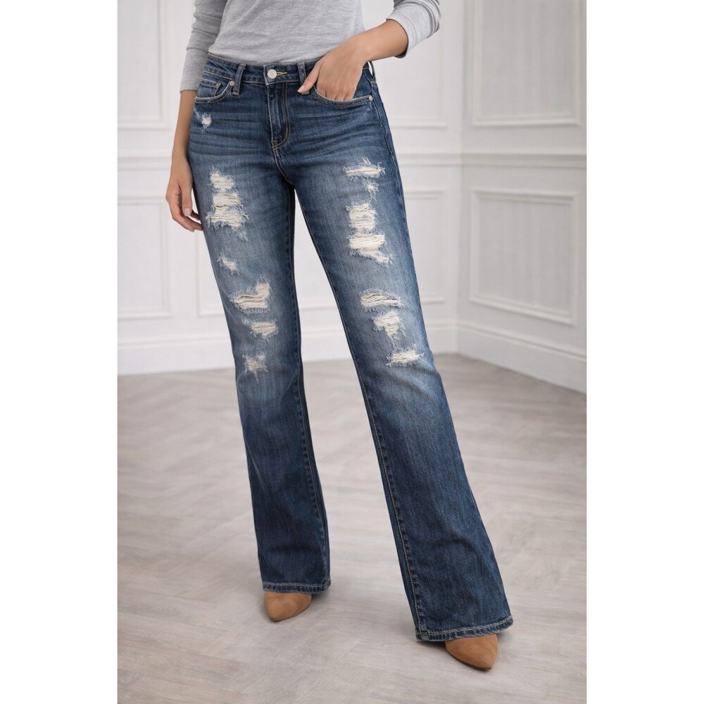 Decree Women’s Distressed Straight Jeans Dark Wash Ripped Denim Mid Rise NWT
